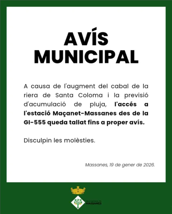 Aviso de corte del tramo de la riera de Santa Coloma en Massanes