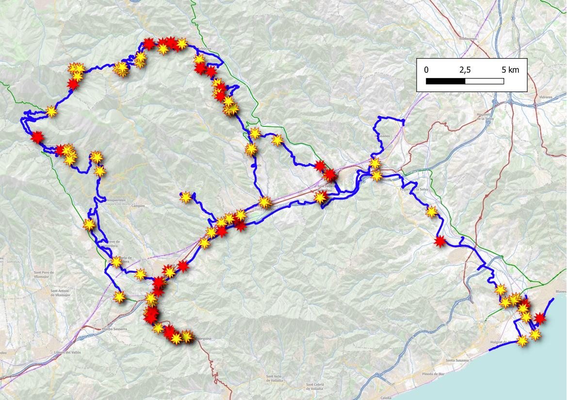 Karte der Route mit dem gesamten beschilderten Verlauf und allen bei der Überprüfung festgestellten Vorfällen