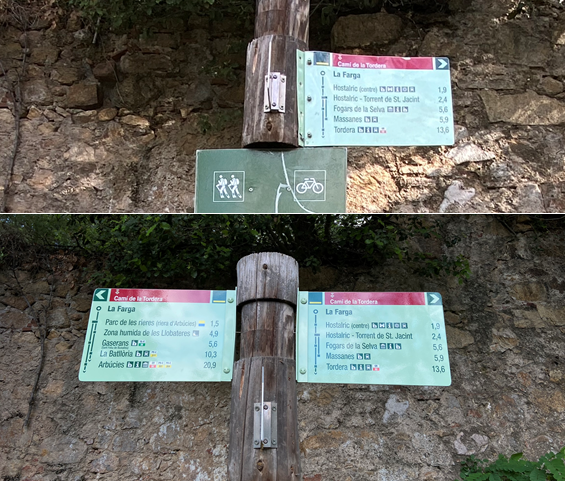 Foto: Tourdera. Ersatz der Beschilderung bei La Farga, Hostalric.