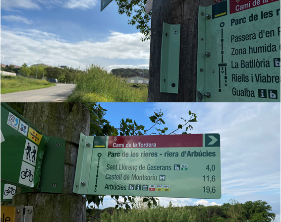 Foto: Tourdera. Ersetzter Wegweiser an der Abzweigung der Hauptroute zum Arbúcies-Bachlauf.