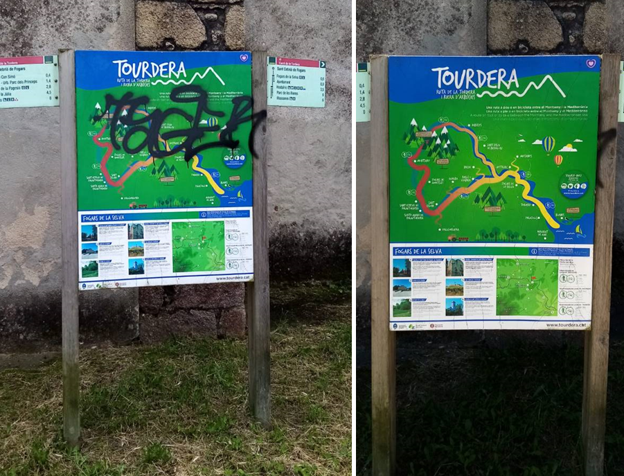 Foto: Tourdera. Limpieza de panel vandalizado en Fogars de la Selva.